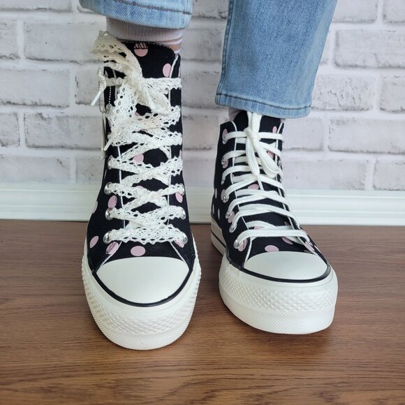 ⭐Converse Lift Platform Polka Dot Hi Canvas 8 Womens Sneakers Black Pink A10688C - Picture 6 of 12